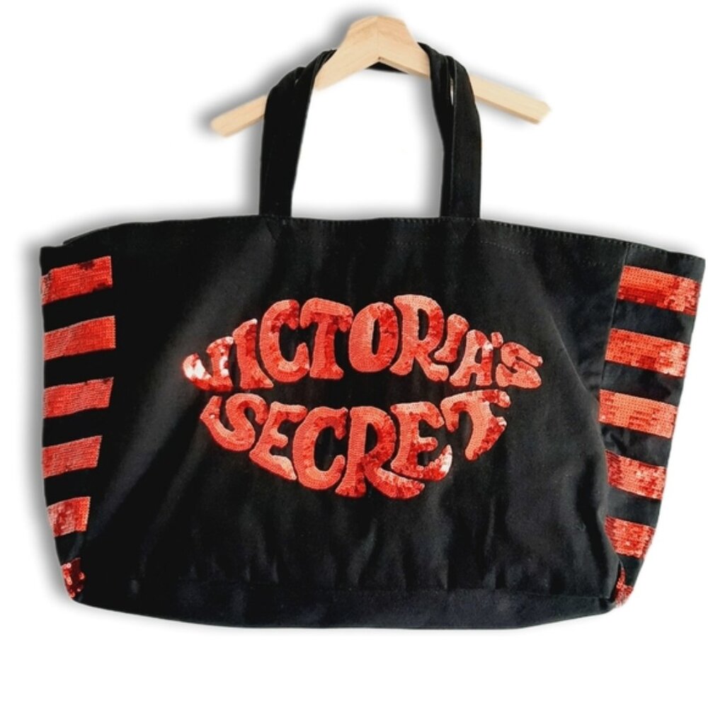 VICTORIA SECRET Canvas Red Sequin Lips Weekender Travel Shopper Tote Bag Black